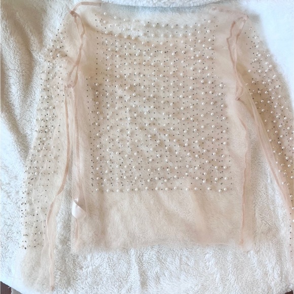 Pearl Rhinestone Sheer Bodysuit Long Sleeve Mesh Top Blouse Crop Top Clubwear M - Picture 6 of 12